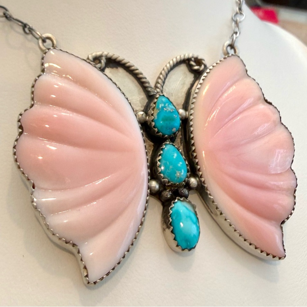 NQC545 GIANT Puffy Butterfly QueenPinkConch & Blue Ridge TURQUOISE Necklace S925 - Picture 10 of 11